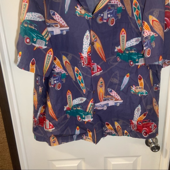 KY’s Blue Multicolor Hot Rod/Surf Board Print Button Up Shirt 2XL - Picture 6 of 9
